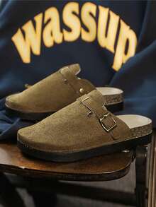 2双装男士厚底耐磨一脚蹬凉鞋，夏季户外可调节绑带舒适拖鞋，时尚男女情侣款勃肯鞋 - 棕色 - 查看 3