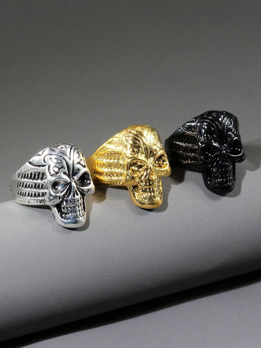 3件套朋克骷髅合金戒指，男士时尚骷髅戒指套装