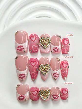 10pcs Romantic Valentine's Day Handmade Nail Art Set, Sexy Lip Nail Decor, Metallic Heart Nail Accessories, White & Pink Gel Nails, French Press-On Nails, Heart Pattern, Ombre Pink, 3 Shapes: Almond, Square, Coffin, Includes Tool Kit, Suitable For Sweet Ladies & Girls, Valentine's Day, Party, Daily Nail Care