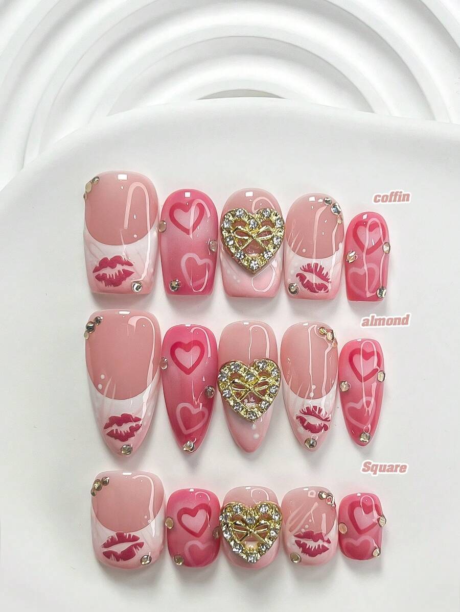 10pcs Romantic Valentine's Day Handmade Nail Art Set, Sexy Lip Nail Decor, Metallic Heart Nail Accessories, White & Pink Gel Nails, French Press-On Nails, Heart Pattern, Ombre Pink, 3 Shapes: Almond, Square, Coffin, Includes Tool Kit, Suitable For Sweet Ladies & Girls, Valentine's Day, Party, Daily Nail Care Nail Supplies Handmade Press On Nails - 彩色 - 查看 1