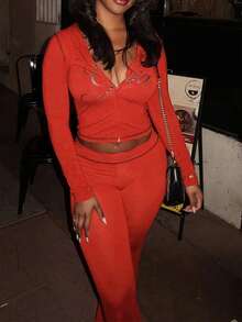 Spring And Summer Leopard Print 2 Pieces Set Causal Street Outfits Women Y2K Fashion Long Sleeve Zip Hooded Crop Tops Pants Set - 紅色 - 查看 4