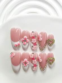 10件套极简美甲套装，手工花朵美甲装饰，金属爱心美甲配件，白色凝胶甲片，法式按压甲片，闪亮香槟钻石甲片，三种形状：杏仁形、方形、棺材形，包含工具包，适合女性和女孩，情人节、派对、日常美甲护理用品，手工按压甲片 - 彩色 - 查看 13