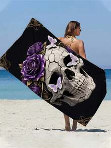 1pc Gothic Halloween Beach Towel, 250gsm Ultra-Fine Fiber Quick-Dry & Super Absorbent, Dark Skull Crack Rose Pattern, 70x140cm Or 90x180cm, Multi-Functional Sand Mat, Yoga Mat, Camping Blanket, Travel Shawl - Multicolor - View 7