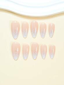 用24片杏仁方形按压式美甲片表达你的爱意，清新白色渐变银色闪粉裸色假指甲，全覆盖式假指甲贴片，适合女性和女孩。包含美甲沙龙套装，内含1片果冻胶和1个锉刀。果冻胶随机发货。 - 白色 - 查看 4