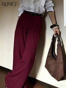 DONICY 1PC Women's Solid Wine Red High-Waist Pleated Wide-Leg Pants Office Workwear Suit Fabric Long Trousers Medium-Thickness Breathable Elegant Business Casual Pants Spring Autumn Valentine's Day Dating Commute Wear