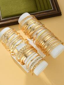 30/25/15/10pcs Geometric Rhinestone Bangle & Bracelet Set, Bling Bling Sparkling Heart, Star, Twist, Round, Snake Chain, Box Chain, Metal Design, Fashion, Elegant, Vintage, Suitable For Holiday, Party, Gift, Daily Wear - Yellow Gold - View 6