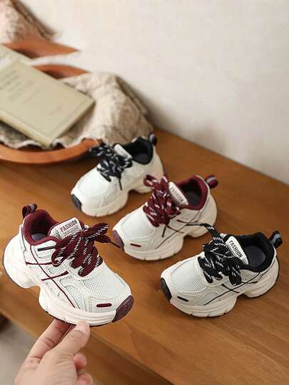 1 par de zapatillas deportivas casuales y cómodas con suela blanda, antideslizante, de malla transpirable y con cordones para niños. Zapatillas versátiles y gruesas, adecuadas para todas las estaciones.