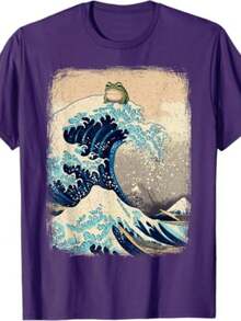 Unisex T-Shirt, Printed Style, Men's And Women's, Big Waves With Frog On Top, Funny Stylish Shirt, 100% Cotton, Promotion, Free Fast Shipping - 紫色 - 查看 1