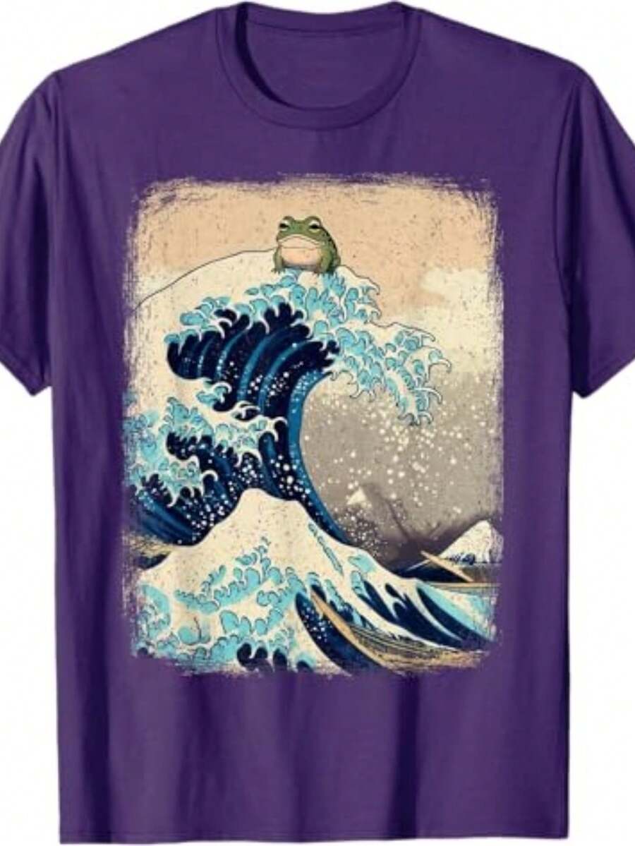 Unisex T-Shirt, Printed Style, Men's And Women's, Big Waves With Frog On Top, Funny Stylish Shirt, 100% Cotton, Promotion, Free Fast Shipping - 紫色 - 查看 1