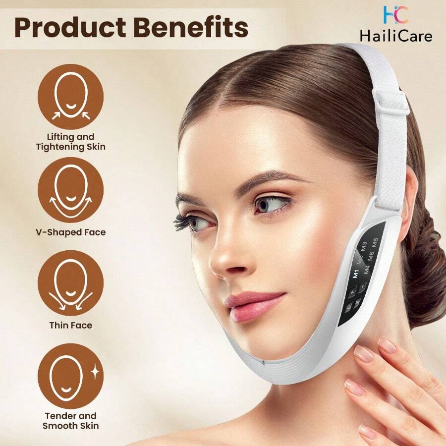 V-Shaped Face Lifting & Firming Massager, Beauty Device, Chin Reducer, Electric Double Chin Slimming & V-Line Shaping Instrument, 6 Modes 8 Adjustable Intensities, USB Rechargeable