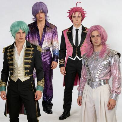 Stylish Men's Megastars Cosplay Wigs, Holiday Party Film And Television Super Star POP Singer Costume Wigs, Heat Resistant Short Fluffy Straight Synthetic Hair With Bangs For Men Women, Green Rose-Red Purple Available, Natural Looking Wig For Christmas Decor/Festvial Events Stage Performance Props, Ideal Choice For Gifts