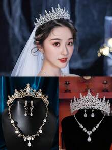 1 Set Silver Luxury & Noble Wedding Jewelry Set, Bride Necklace, Earrings, Crown 3pcs - Silver - View 10
