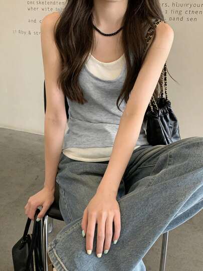 女士无袖二合一背心，夏季