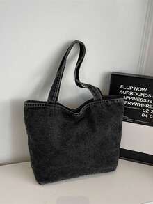 时尚大容量女士手提包，多功能多口袋帆布单肩包，适合大学生和通勤族使用。 - 黑色 - 查看 4