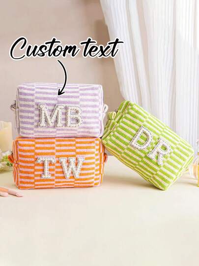 Personalized Plaid Cosmetic Bag, Customized Patch Makeup Bag, Monogram Cosmetic Bag, Bridesmaid Gift, Travel Makeup Bag, Bachelorette Party Favor