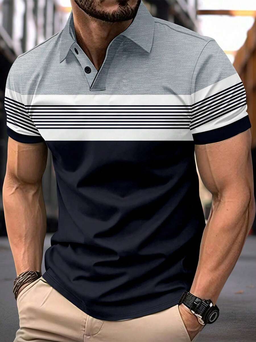 1件男士撞色条纹针织Polo衫，透气修身罗纹领高端短袖 - 藏蓝色 - 查看 1