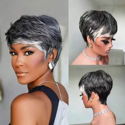 1 pieza Peluca de cabello humano de 4 pulgadas de largo, densidad del 150%, corte pixie con flequillo y estilo en capas, tres tonos: negro, sal y pimienta y blanco, con red de color rosa, cabello liso, cómoda para uso diario y uso en fiestas
