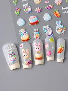 2 piezas Pegatinas de arte de uñas de 5D con huevos de Pascua y conejos de dibujos animados, pegatinas decorativas de huevos de Pascua y conejos de colores para celebración de Pascua, decoraciones de uñas con láminas de Pascua, suministros para uñas - Multicolor - Ver 5