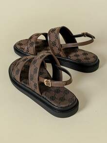 2026新款厚底女凉鞋，清新条纹绒面革材质，波西米亚复古随机碎花图案，露趾设计，舒适坡跟，时尚户外沙滩鞋，随机彩色花朵拉长腿部线条，后跟系带，镂空设计，夏季款，咖啡棕色不对称花卉图案，透气舒适，可搭配连衣裙，休闲运动两相宜，罗马鞋，尺码33-43 - 咖啡棕 - 查看 4