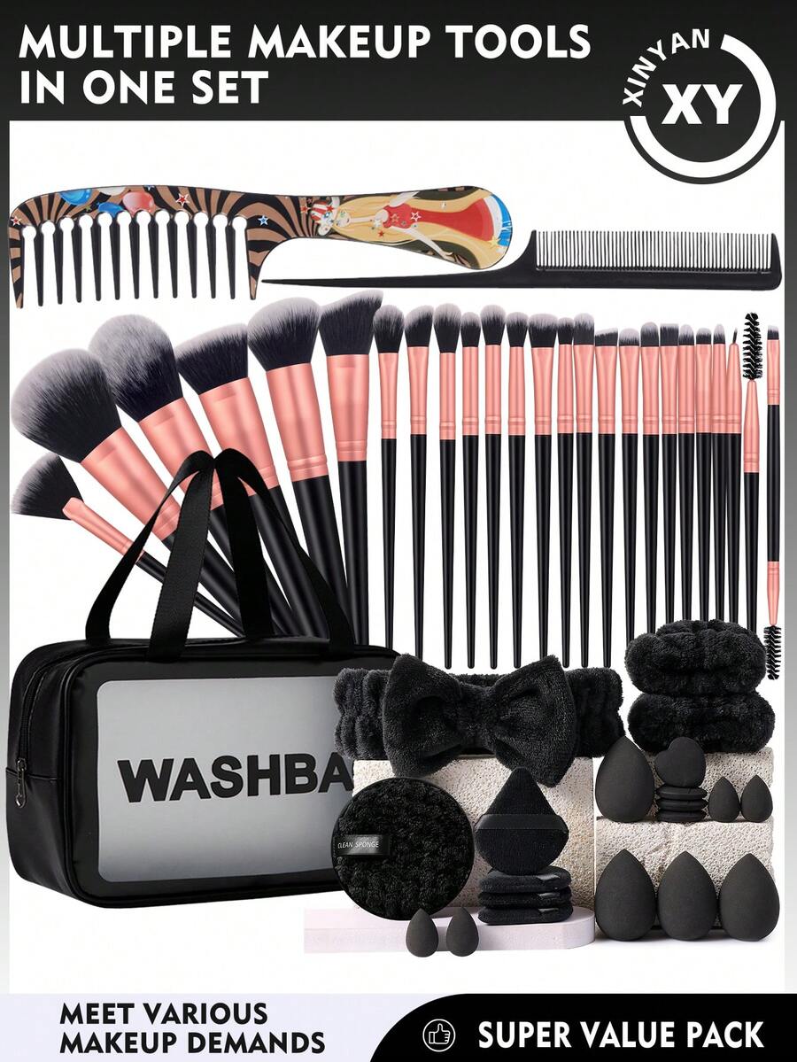 48PCS Makeup Tools Set Including:25PCS Makeup Brush Set+1pc Multi-Functional Zipper Toiletry And Cosmetic Bag Waterproof+4PCS Makeup Sponges+4PCS Mini Makeup Sponges+4PCS Triangle Powder Puffs+4PCS Mini Air Cushion Powder Puffs+1pc Hairband+2PCS Hand Bowl Strap+1pc Facial Cleansing Sponges+2PCS Hair Comb - Black - View 1
