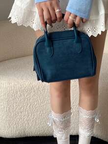 Túi xách Boston kiểu Hàn Quốc bằng da lộn màu xanh dương dành cho nữ, thiết kế nhỏ gọn, phù hợp cho đi làm, đi chơi, mua sắm hàng ngày, túi đeo vai. - Màu xanh hải quân - Xem 4