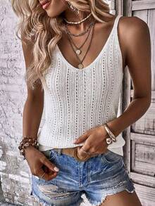 Women's Summer V-Neck Lace Knit Vest Sleeveless Pullover Solid Beach Cover Up Boho Crochet Top - 白色 - 查看 3