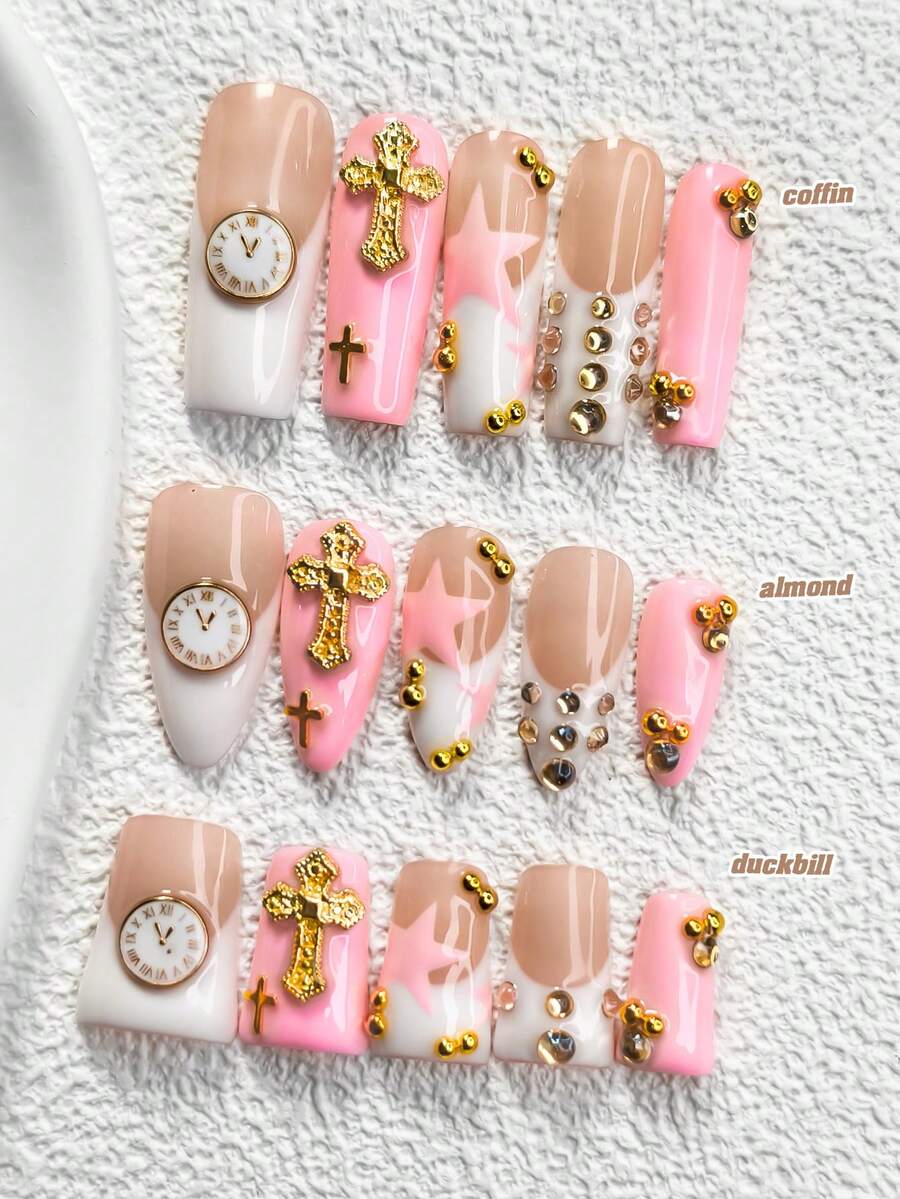 10pcs Y2K Cute Nail Stickers Set, Handmade Nail Art Decorations Including Clock, Cross, Champagne Rhinestone, Golden Beads, Pink & White Gel, Hand-Painted Stars, 3 Sizes Available (Almond, Duck, Coffin Shape), Comes With Tool Kit, Suitable For Women & Girls, Applicable For Parties, Celebrations, Birthdays, Daily Nail Care Nails Nail Supplies Handmade Press On Nails - Multicolor - View 1