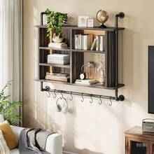 LED 4-Tier Industrial Pipe Floating Shelf 8 S-Hooks Wall Shelves For Kitchen Living Room Storage Cabinet - Dark Grey - View 6