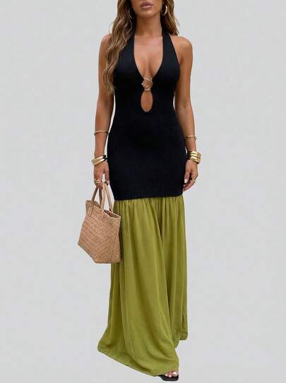 Sedessea Hollow Out Color Blocking Backless Halter Dress, Sexy