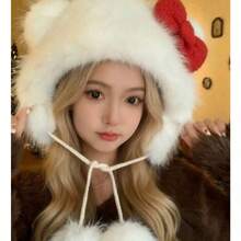 1Pc Korean Fashion Simple Bow Hat Cute Animal Fashion Warm Autumn And Winter Thickened Plush Hat - White - View 1
