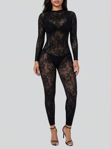 Sedessea 女款高弹力长袖镂空花卉图案紧身连体裤 - 黑色 - 查看 2