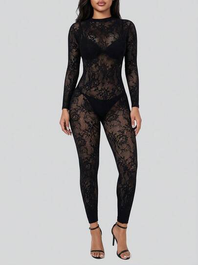 Sedessea Damen Langarm Jumpsuit mit hoher Stretch, Cut Out, Blumenmuster, figurbetont