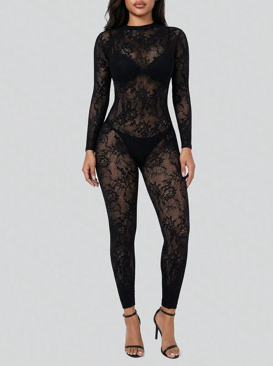 Sedessea 女款高弹力长袖镂空花卉图案紧身连体裤
