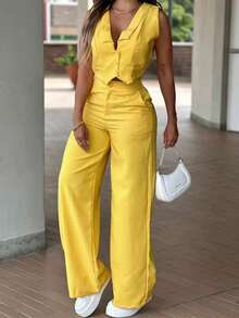 2pcs Women's Minimalist Fashion Casual Set, Front-Buttoned Sleeveless Vest And High Waist Button-And-Zipper Pocket Straight-Leg Pants Two Pieces Set, Solid Color - 黃色 - 查看 2