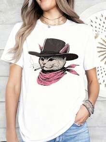 Cowboy Cat With Hat And Bandana Graphic T Shirt For Women Casual Summer Top Fashion Animal Print Tee Shirt,220g - White - View 2