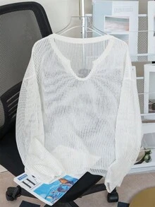 女士镂空针织罩衫，宽松轻薄透气毛衣上衣，竖条纹V领设计，夏季外套 - 杏色 - 查看 6