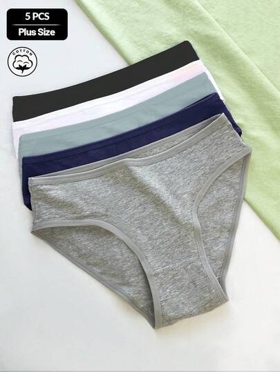 Paquete de 5 bragas tipo bikini de algodón elástico, de unicolor, transpirables y cómodas, en tallas grandes para mujer, aptas para uso diario y en casa, para todas las estaciones