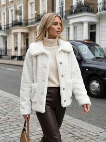 Women's Luxury White Teddy Bear Jacket Elegant Wide Lapel Faux Fur Coat With Pockets, Fluffy Fuzzy Thick Warm Winter Outerwear For Carnaval Party Night Out Streetwear Chic Mob Wife Aesthetic Bontjas Fashion - Grey - View 3