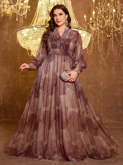  UNITHORSE [Random Print] Plus Size Women V-Neck Long Sleeve Fitted Mesh Evening Dress