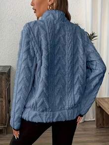 大码秋冬新款欧美风翻领毛绒短款拉链口袋卫衣 - 淺藍色 - 查看 3