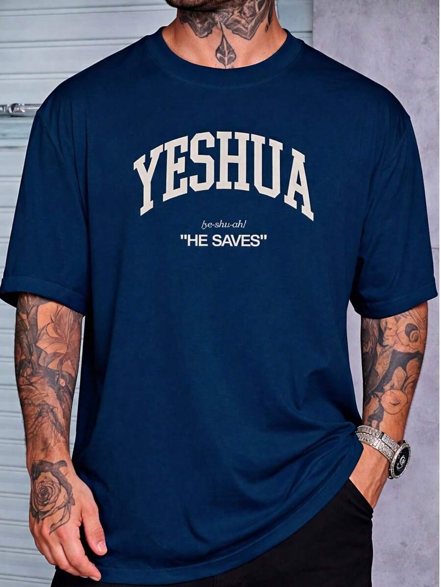 Camisa Masculina Tendencia Yeshua Algodão Gola Redonda Estampada - Azul Marinho - Visão 1