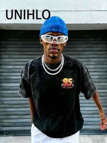 Disney UNIHLO  Lightning Mcqueen  Printed Summer Heavyweight Retro Washed Street Fashion Casual T-Shirt - 黑色 - 查看 4