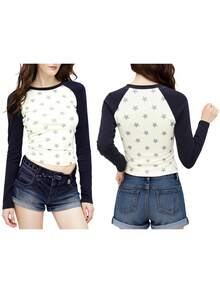Camiseta de manga larga para mujer, corte entallado, elegante, con estampado de estrellas y cuello redondo en contraste de colores para otoño/primavera - Blanco - Ver 5