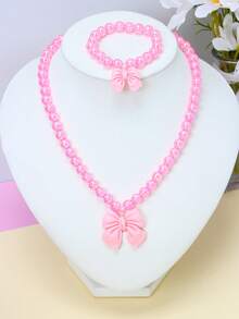 2pcs/Set Girls Cute Bow Heart Pendant Pearl Beaded Bracelet Necklace Jewelry Set, Suitable For Holiday Party, School, Birthday Gift