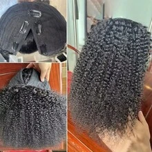 Pelucas rizadas con parte en V, cabello humano brasileño rizado para mujeres, pelucas en forma de V, pelucas frontales de encaje sin omisiones, pelucas con parte en U mejoradas, pelucas de media cabeza sin pegamento con clip, densidad del 180 %. - Natural Black - Ver 6
