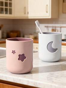 2pcs/Set Pink & White Star & Moon Theme Couple Bathroom Cup Set, Toothbrush Toothpaste Storage Cup, Rinse Cup With Moon & Star Design - Multicolor - View 2