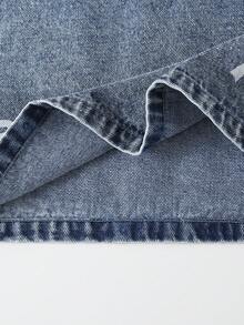 1件装 女童户外休闲日常可爱简约翻领蝴蝶结刺绣无袖牛仔背带裙 - 中等水洗藍 - 查看 7