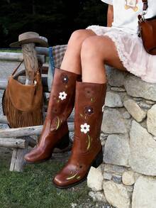 Women's Western Mid Calf Boots Chunky Block Heel With Flower Embroidery Square Toe Low Heel Comfortable Retro Cowgirl Western Boots - Brown - View 1