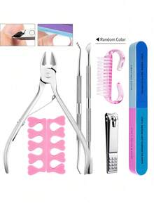 7件套美甲工具套装：指甲锉、角质钳、指甲分离器、角质修剪器、角质推、清洁刷、指甲提拉器，专业粉色美甲护理套装，精准修剪手指甲和脚趾甲，弧形刀刃，专业角质钳 - 彩色 - 查看 1