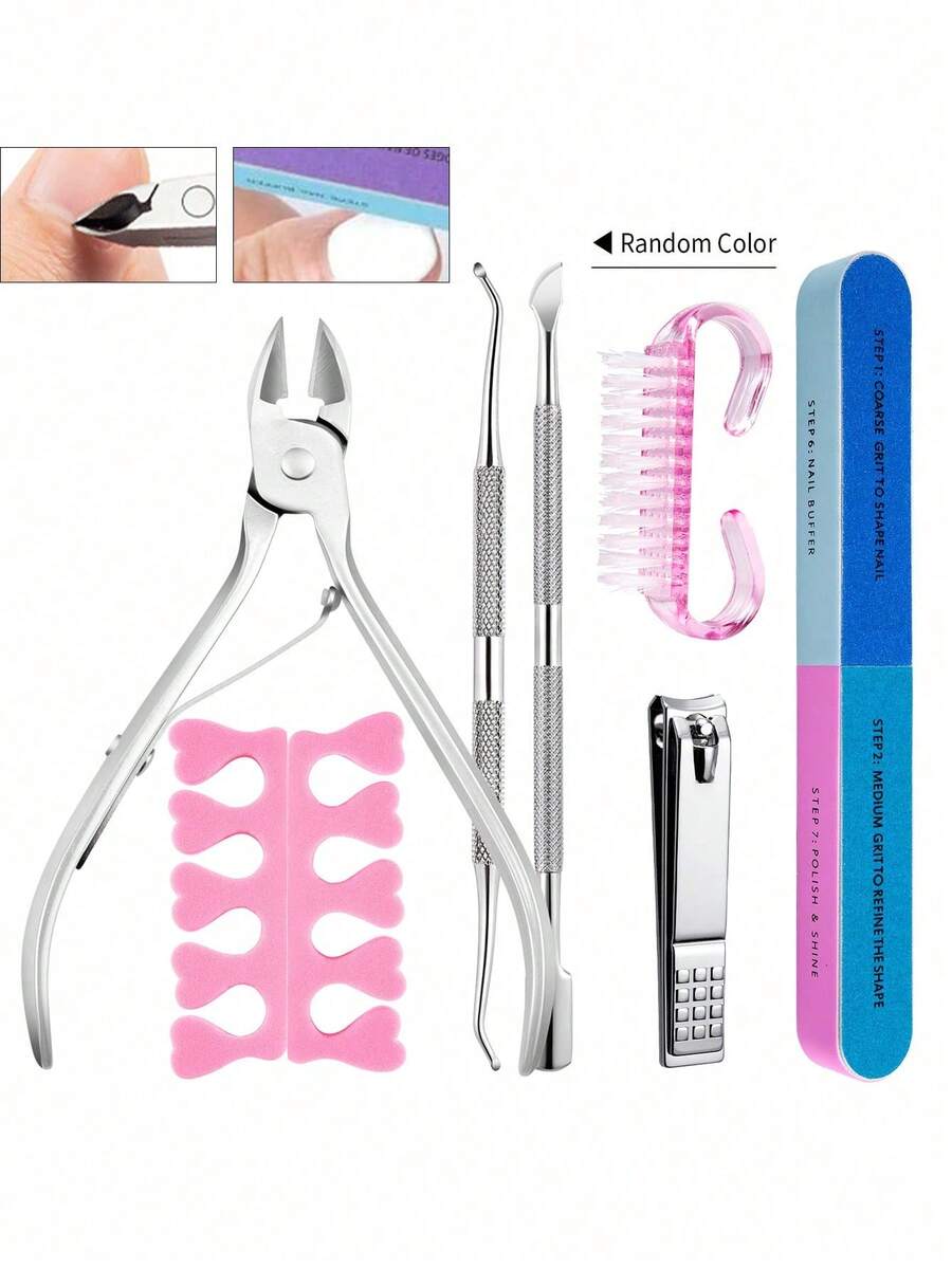 7件套美甲工具套装：指甲锉、角质钳、指甲分离器、角质修剪器、角质推、清洁刷、指甲提拉器，专业粉色美甲护理套装，精准修剪手指甲和脚趾甲，弧形刀刃，专业角质钳 - 彩色 - 查看 1